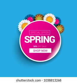 vector spring sale design template banner or tag on pink background. Abstract spring sale pink label or background with beautiful flowers and text.
