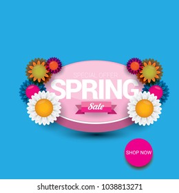 vector spring sale design template banner or tag on pink background. Abstract spring sale pink label or background with beautiful flowers and text.