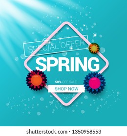 vector spring sale design template banner or tag on azure background with sun lights. Abstract spring sale pink label or background with beautiful flowers and text. 