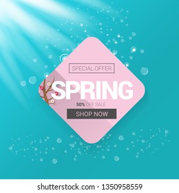 vector spring sale design template banner or tag on azure background with sun lights. Abstract spring sale pink label or background with beautiful flowers and text. 