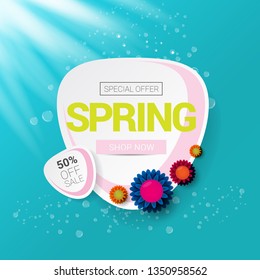 vector spring sale design template banner or tag on azure background with sun lights. Abstract spring sale pink label or background with beautiful flowers and text. 