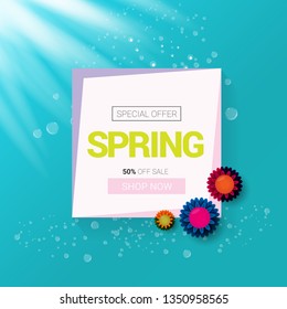 vector spring sale design template banner or tag on azure background with sun lights. Abstract spring sale pink label or background with beautiful flowers and text. 