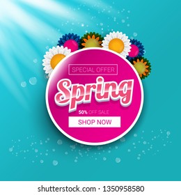 vector spring sale design template banner or tag on azure background with sun lights. Abstract spring sale pink label or background with beautiful flowers and text. 