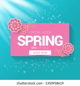 vector spring sale design template banner or tag on azure background with sun lights. Abstract spring sale pink label or background with beautiful flowers and text. 