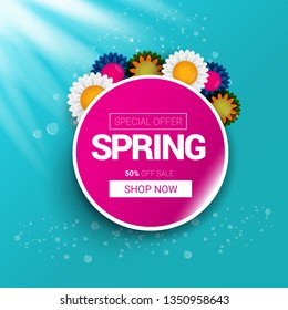 vector spring sale design template banner or tag on azure background with sun lights. Abstract spring sale pink label or background with beautiful flowers and text. 