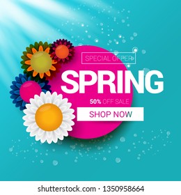 vector spring sale design template banner or tag on azure background with sun lights. Abstract spring sale pink label or background with beautiful flowers and text. 