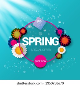 vector spring sale design template banner or tag on azure background with sun lights. Abstract spring sale pink label or background with beautiful flowers and text. 
