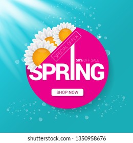 vector spring sale design template banner or tag on azure background with sun lights. Abstract spring sale pink label or background with beautiful flowers and text. 