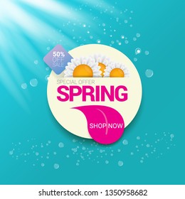 vector spring sale design template banner or tag on azure background with sun lights. Abstract spring sale pink label or background with beautiful flowers and text. 