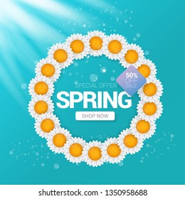 vector spring sale design template banner or tag on azure background with sun lights. Abstract spring sale pink label or background with beautiful flowers and text. 