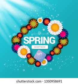 vector spring sale design template banner or tag on azure background with sun lights. Abstract spring sale pink label or background with beautiful flowers and text. 