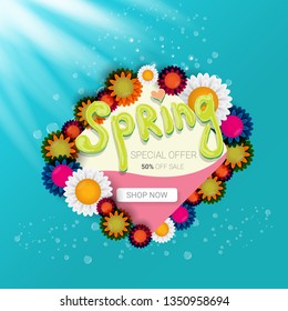 vector spring sale design template banner or tag on azure background with sun lights. Abstract spring sale pink label or background with beautiful flowers and text. 