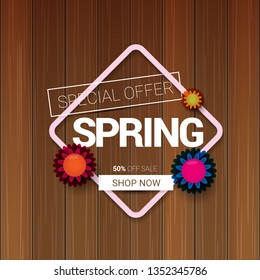 vector spring sale design template banner or tag on wooden background with sun lights. Abstract spring sale pink label or background with beautiful flowers and text.