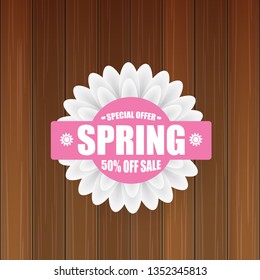 vector spring sale design template banner or tag on wooden background with sun lights. Abstract spring sale pink label or background with beautiful flowers and text.
