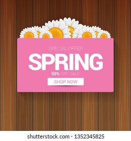 vector spring sale design template banner or tag on wooden background with sun lights. Abstract spring sale pink label or background with beautiful flowers and text.