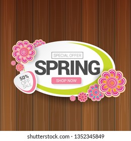 vector spring sale design template banner or tag on wooden background with sun lights. Abstract spring sale pink label or background with beautiful flowers and text.