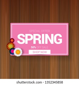 vector spring sale design template banner or tag on wooden background with sun lights. Abstract spring sale pink label or background with beautiful flowers and text.