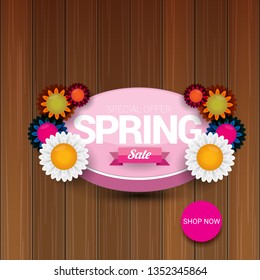 vector spring sale design template banner or tag on wooden background with sun lights. Abstract spring sale pink label or background with beautiful flowers and text.