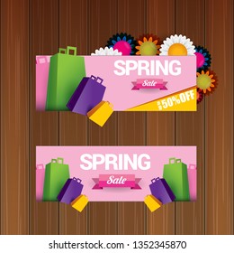 vector spring sale design template banner or tag on wooden background with sun lights. Abstract spring sale pink label or background with beautiful flowers and text.