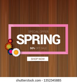 vector spring sale design template banner or tag on wooden background with sun lights. Abstract spring sale pink label or background with beautiful flowers and text.