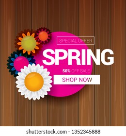 vector spring sale design template banner or tag on wooden background with sun lights. Abstract spring sale pink label or background with beautiful flowers and text.