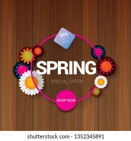 vector spring sale design template banner or tag on wooden background with sun lights. Abstract spring sale pink label or background with beautiful flowers and text.