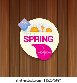 vector spring sale design template banner or tag on wooden background with sun lights. Abstract spring sale pink label or background with beautiful flowers and text.