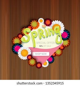 vector spring sale design template banner or tag on wooden background with sun lights. Abstract spring sale pink label or background with beautiful flowers and text.