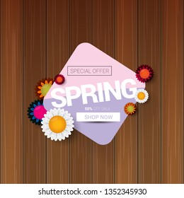 vector spring sale design template banner or tag on wooden background with sun lights. Abstract spring sale pink label or background with beautiful flowers and text.