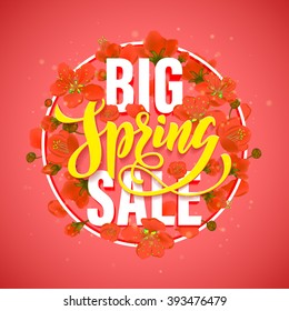 Vektor Frühjahr Verkauf Rabatt Promotion Poster. Handgezeichnete Geschenkkarte. Kalligrafisches Schriftzeichen-Design mit Mohnblumen auf rosafarbenem Hintergrund.