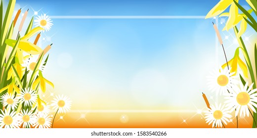 Vector Spring sale flyer with copy space for letter in the center, Summer frame with daffodils and daisy floers with blurry boken in blue and orange.background.