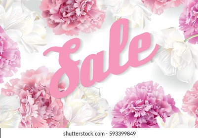 Vector spring sale horizontal banner with pink peony and white tulips on white background. Romantic design for natural cosmetics, perfume, women products, girl clothes. Discount poster, sticker, card