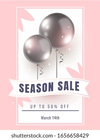 Vector spring sale illustration with 3d realistic silver air balloon on pink background in frame with text and confetti. Seasonal special offer celebrate romantic design for sale banner, grand opening