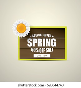 vector spring sale  label design template. Spring sale pink banner or background with beautiful flowers, wooden sign and text. Vector spring frame