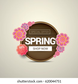 vector spring sale  label design template. Spring sale pink banner or background with beautiful flowers, wooden sign and text. Vector spring frame