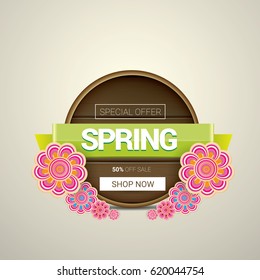 vector spring sale  label design template. Spring sale pink banner or background with beautiful flowers, wooden sign and text. Vector spring frame