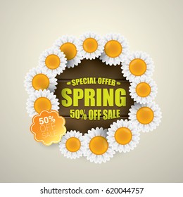 vector spring sale  label design template. Spring sale pink banner or background with beautiful flowers, wooden sign and text. Vector spring frame