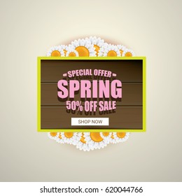 vector spring sale  label design template. Spring sale pink banner or background with beautiful flowers, wooden sign and text. Vector spring frame