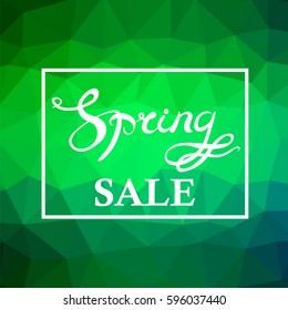 Vector Spring Sale Lettering Design.Green Banner with a Textured Abstract Blurred Flare Background and Text in Square Frame.