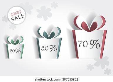 Vector spring sale set. Discount collection with cut out element. Simple box shape with beveled edges. Modern idea. Creative concept. Template advertisement, poster, banner, gift, shopping, offer