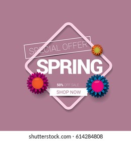 Vector Spring Sale Template Banner. Spring Sale Pink Label Or Background With Beautiful Flowers And Text