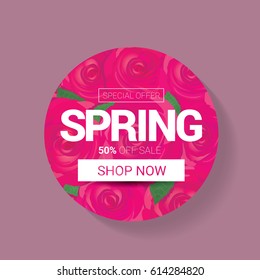 vector spring sale template banner. Spring sale pink label or background with beautiful flowers and text
