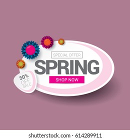 vector spring sale template banner. Spring sale pink label or background with beautiful flowers and text