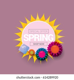 vector spring sale template banner. Spring sale pink label or background with beautiful flowers and text