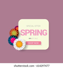 vector spring sale template banner. Spring sale pink label or background with beautiful flowers and text