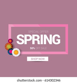 vector spring sale template banner. Spring sale pink label or background with beautiful flowers and text