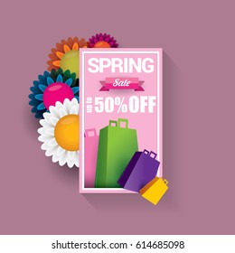 vector spring sale template banner. Spring sale pink label or background with beautiful flowers and text