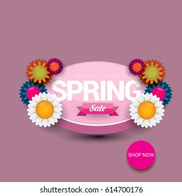 vector spring sale template banner. Spring sale pink label or background with beautiful flowers and text