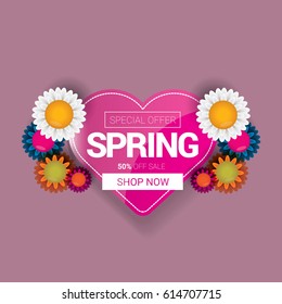 vector spring sale template banner. Spring sale pink label or background with beautiful flowers and text