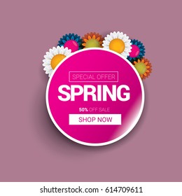 vector spring sale template banner. Spring sale pink label or background with beautiful flowers and text